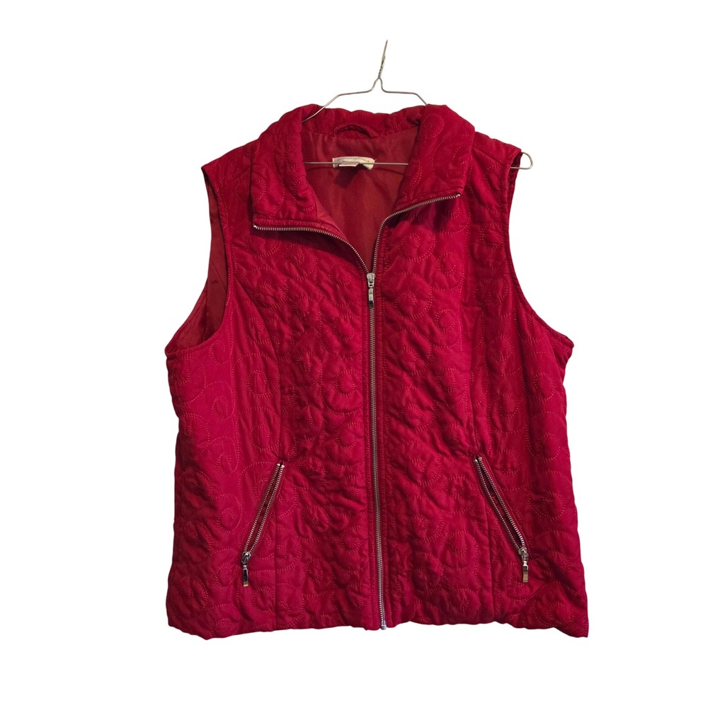 Christopher & Banks Red Quilted Vest Women XL Full Zip Swirl Pattern Mock Neck